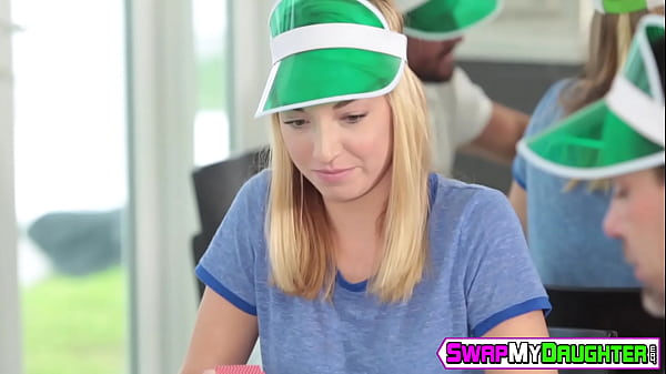 Flat chested young babes have hardcore group sex with hunks